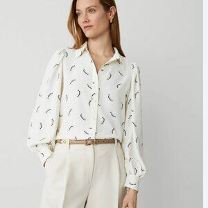 Ann Taylor Vines Collared Puff Sleeve Blouse with Black Floral Design